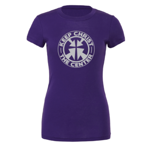 purple ladies shirt with silver design keep Christ the center