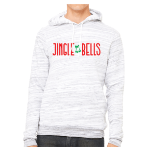 gray hoodie with red and green jingle bells design