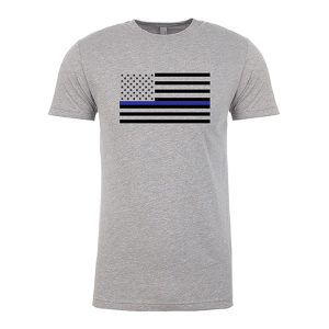 gray shirt with thin blue line design