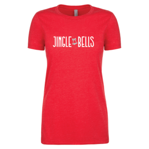 red ladies tee with silver jingle bells design