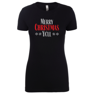 black ladies tee with merry christmas yall red and silver design