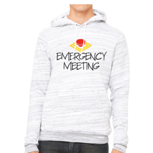 heathered gray hoodie with emergency meeting and button front