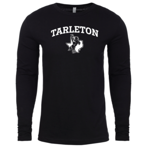 Tarleton black long sleeve shirt front with Tarleton in all caps in white and mascot in front of Texas shape