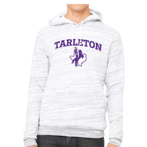 Tarleton heathered gray hoodie front with purple Tarleton in all caps and Texan mascot in front of Texas shape