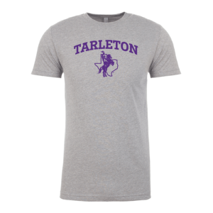 Tarleton heather gray t-shirt front with Tarleton in all caps in purple and mascot in front of the shape of Texas