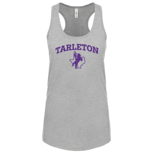 Tarleton Texans heathered gray tank front with purple Tarleton in all caps and mascot in front of Texas