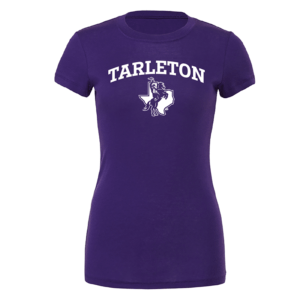 Tarleton Texans purple ladies tee front with white Tarleton in all caps and mascot in front of Texas shape