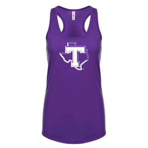 Tarleton purple tank front with white T in front of outline of Texas